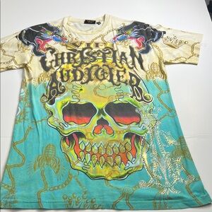 Christian Audigier Skull Graphic Kids Tee - Blue, Yellow, Red